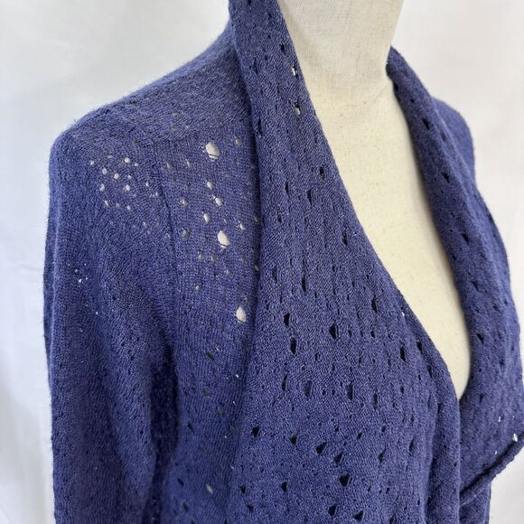 $328 Eileen Fisher 100% Merino Wool Waterfall Cardigan Open Knit Navy Blue PP - Picture 4 of 7